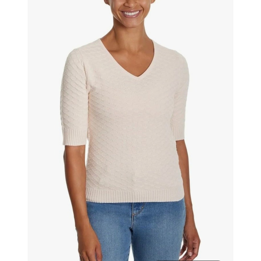 Ella Moss Blush Pink VNeck Lightweight Short Sleeve Sweater Knit Pullover Size M